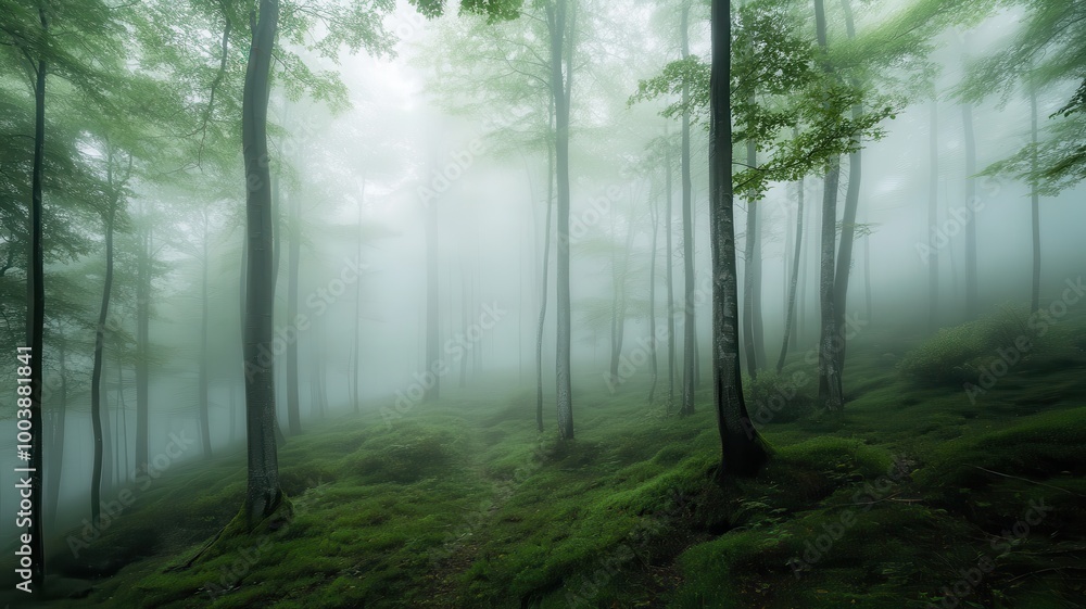 Misty forest landscape with tall trees and lush green moss. Misty forest landscape with tall trees and lush green moss.
