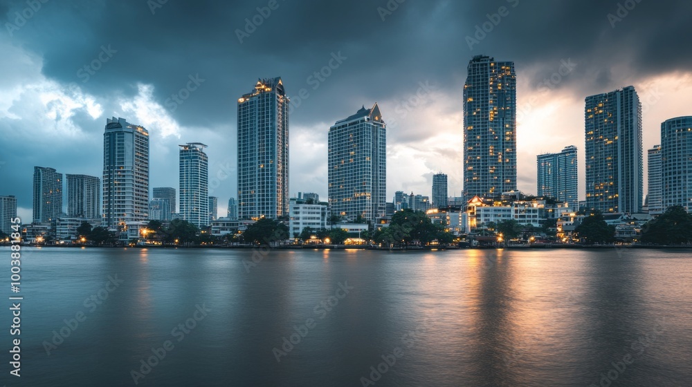 Naklejka premium Skyline of modern Bangkok, Thailand. Majestic skyscrapers on the waterfront under the cloudy sky at twilight time.