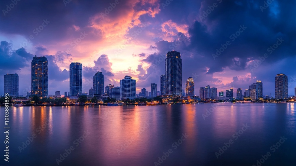 Naklejka premium Skyline of modern Bangkok, Thailand. Majestic skyscrapers on the waterfront under the cloudy sky at twilight time.