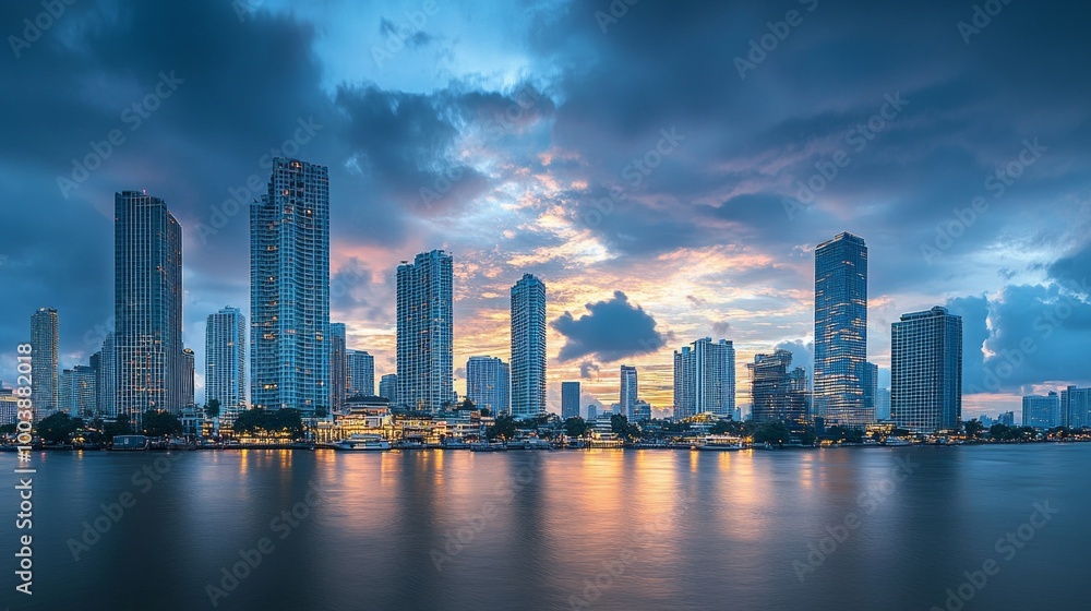 Skyline of modern Bangkok, Thailand. Majestic skyscrapers on the waterfront under the cloudy sky at twilight time. Skyline of modern Bangkok, Thailand. Majestic skyscrapers on the waterfront under the cloudy sky at twilight time.
