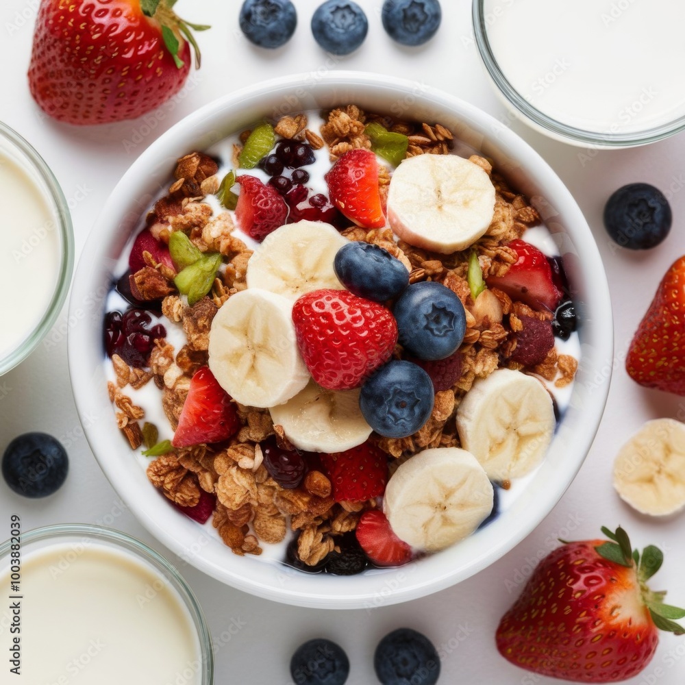 Granola with berries and nuts, banana in bowl Granola with berries and nuts, banana in bowl
