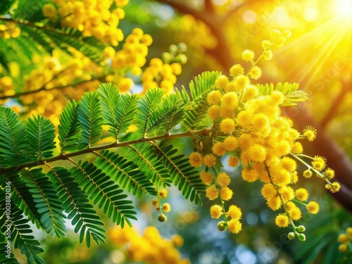 Lush acacia foliage bursts with vibrant green leaves, bathed in natural sunlight, creating a peaceful outdoor setting that invites serenity and tranquility.