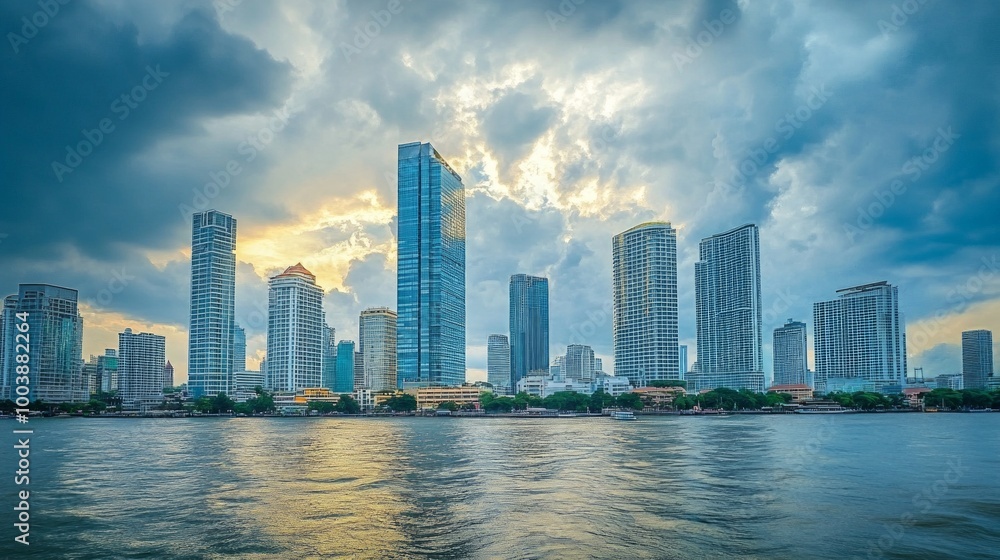 Naklejka premium Skyline of modern Bangkok, Thailand. Majestic skyscrapers on the waterfront under the cloudy sky at twilight time.