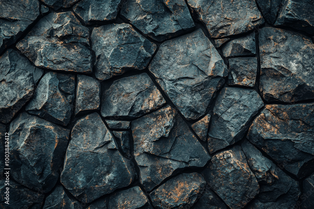 Fototapeta premium Natural stone wall texture with rough surface and shades of gray in outdoor setting