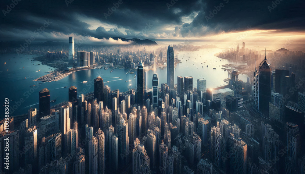 A breathtaking aerial view of a modern city skyline at sunset, with towering skyscrapers and a dramatic sky casting warm light over the urban landscape A breathtaking aerial view of a modern city skyline at sunset, with towering skyscrapers and a dramatic sky casting warm light over the urban landscape