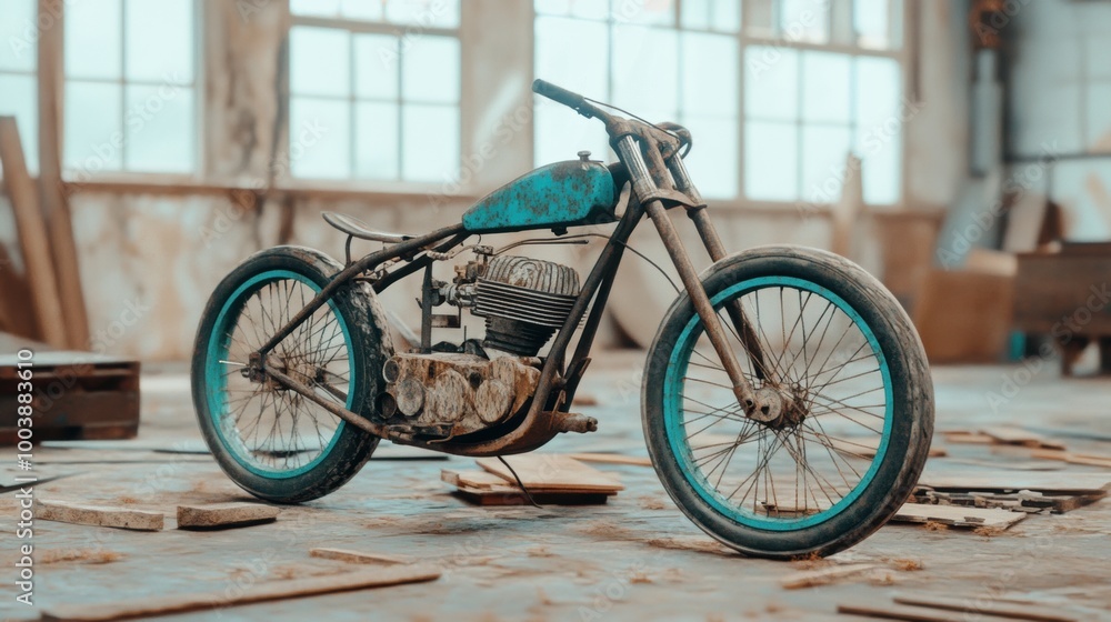 Fototapeta premium Vintage Motorcycle in Abandoned Industrial Setting