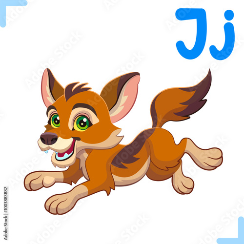 Vector cartoon illustration of jackal with letter "J" - design for English alphabet for children. Collection of cute animals and letters.