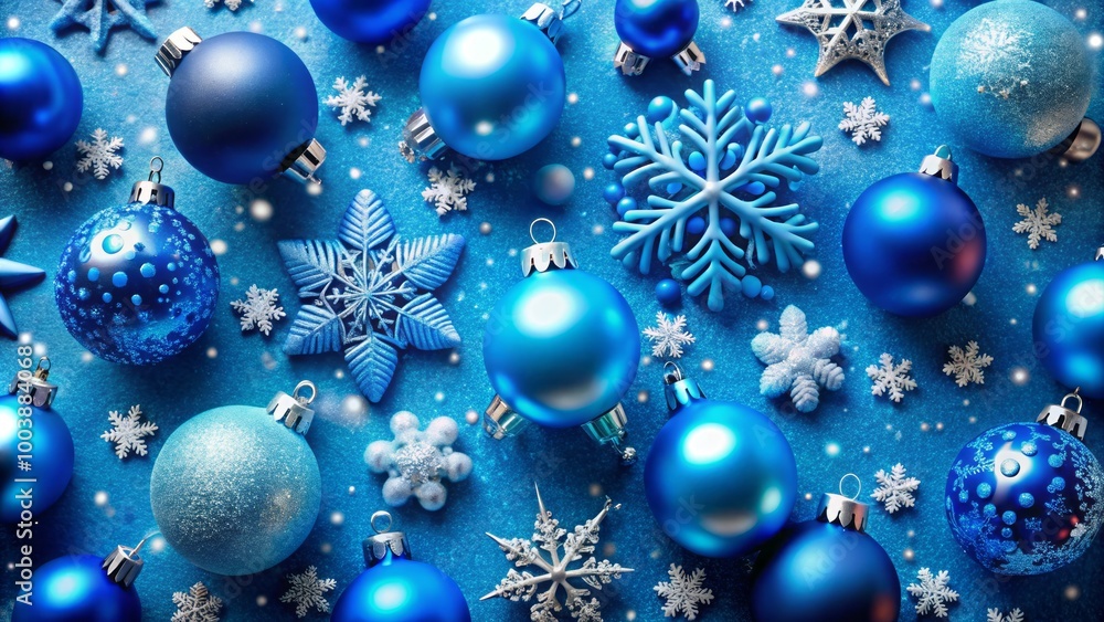 Lush blue background embellished with delicate snowflakes and ornaments, creating an enchanting atmosphere for joyful Lush blue background embellished with delicate snowflakes and ornaments, creating an enchanting atmosphere for joyful