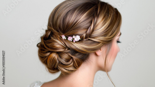 Elegant bridal hairstyle featuring soft waves and delicate floral accents for special occasions