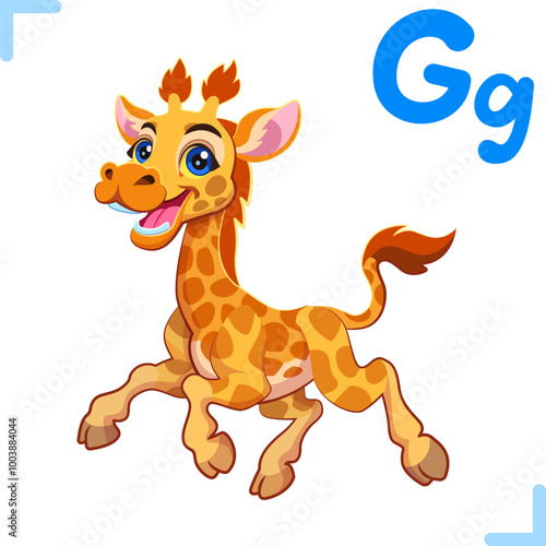 Vector cartoon illustration of a giraffe with letter "G" - design for English alphabet for children. Collection of cute animals and letters.