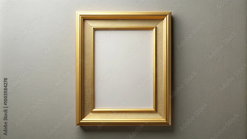 Low angle vertical gold picture frame hanging on wall mockup Low angle vertical gold picture frame hanging on wall mockup