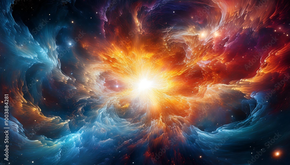 Obraz premium Stunning Cosmic Explosion: A Supernova Event Where a Star Has Exploded, Sending Powerful Shockwaves Through a Nearby Nebula, Creating a Breathtaking Display of Colors and Cosmic Energy in Space.