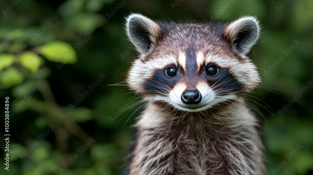 Raccoon in a lush green environment showcasing its curious expression and natural beauty Raccoon in a lush green environment showcasing its curious expression and natural beauty