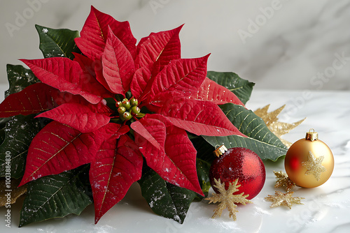 Weihnachtsstern von oben mit weihnachtlicher Dekoration, Pflanze, erstellt mit generativer KI photo