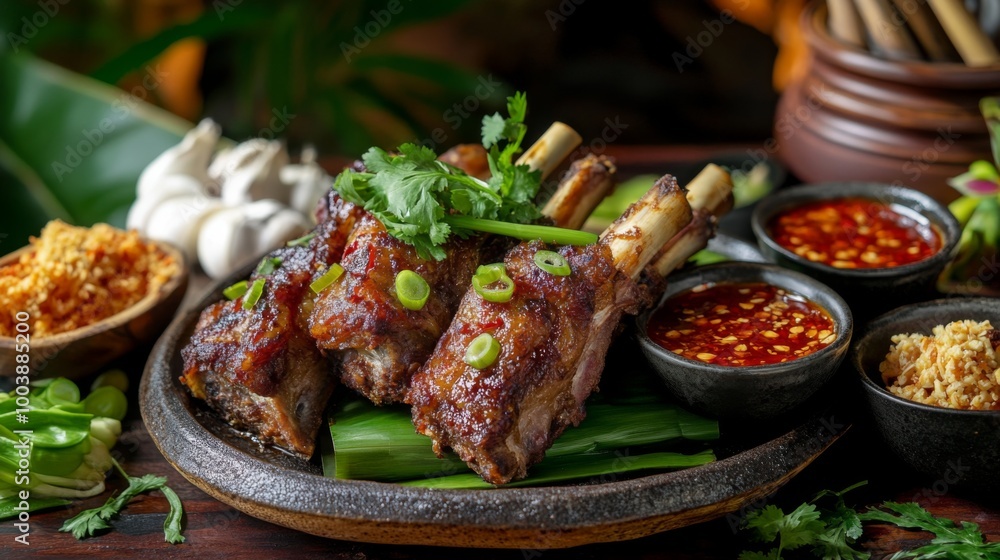 An inviting table setting featuring fried pork ribs with a garnish of green onions and chili, surrounded by traditional Thai condiments, creating a warm dining atmosphere. An inviting table setting featuring fried pork ribs with a garnish of green onions and chili, surrounded by traditional Thai condiments, creating a warm dining atmosphere.