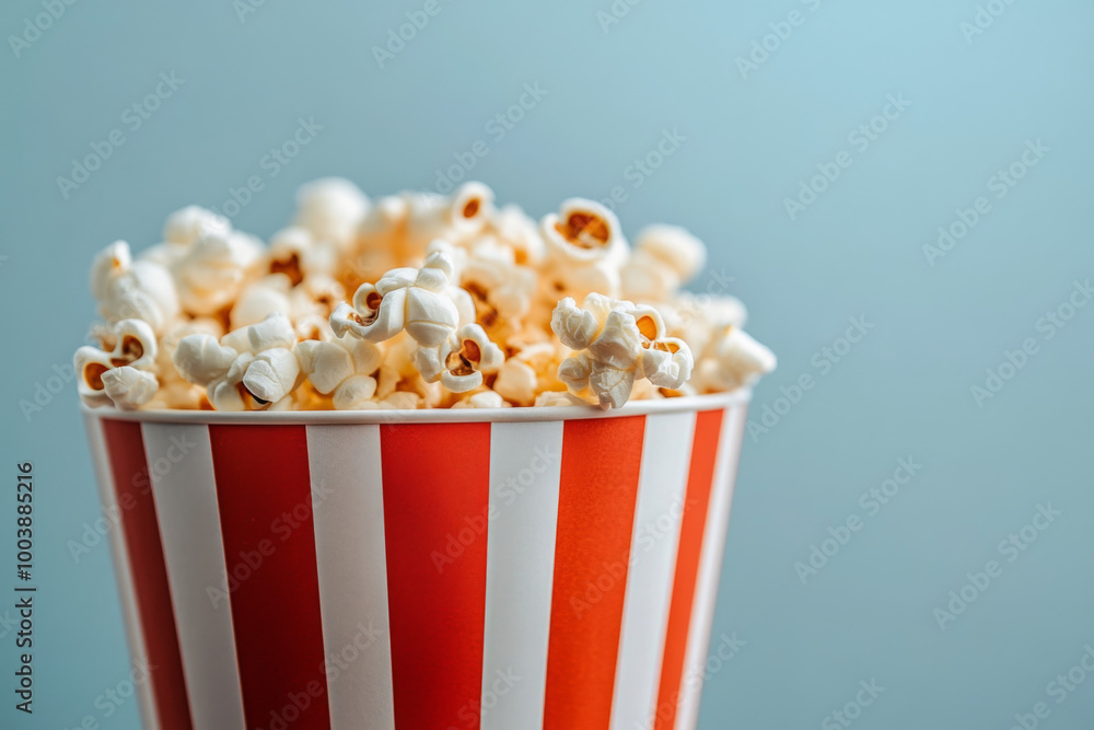 A freshly made popcorn bucket on a blue background ready for movie night snacks with friends A freshly made popcorn bucket on a blue background ready for movie night snacks with friends