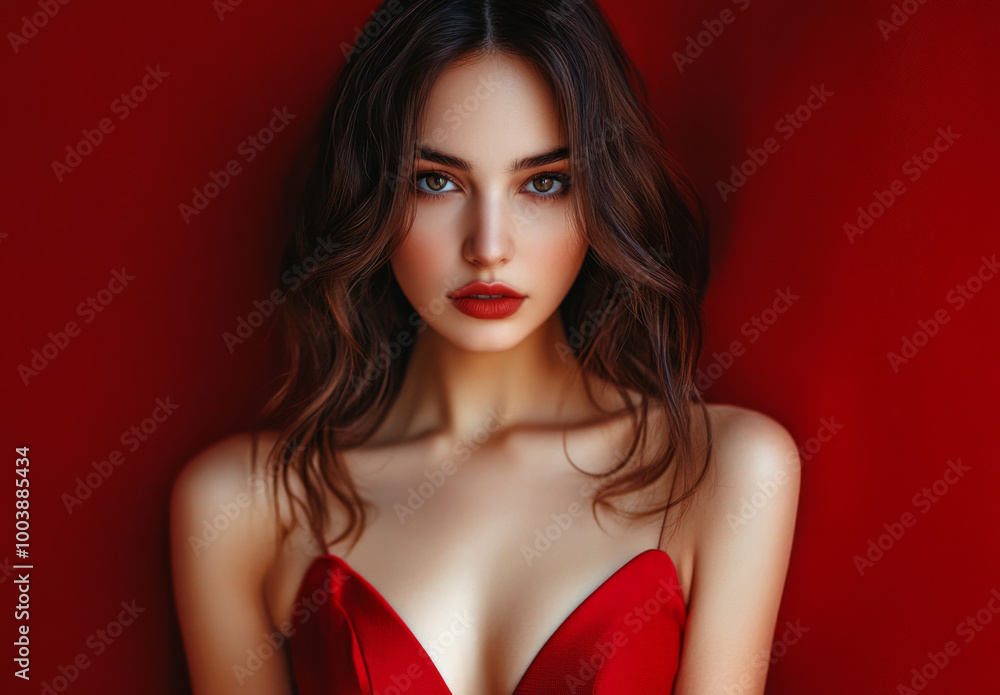 A young woman in a red dress poses confidently against a vibrant red backdrop A young woman in a red dress poses confidently against a vibrant red backdrop