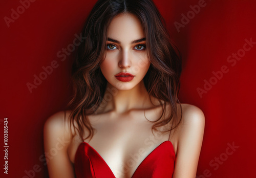 Wallpaper Mural A young woman in a red dress poses confidently against a vibrant red backdrop Torontodigital.ca