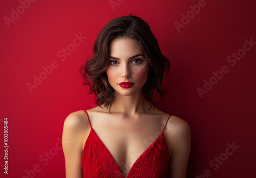 Elegant woman in a red dress poses against a striking red background in soft lighting