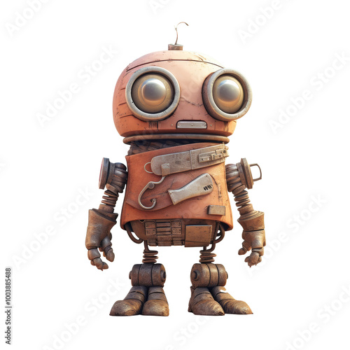 A detailed PNG file of a little robot 3D animation character crafted from old metal pieces, featuring a charming and quirky design, set against a clear background.