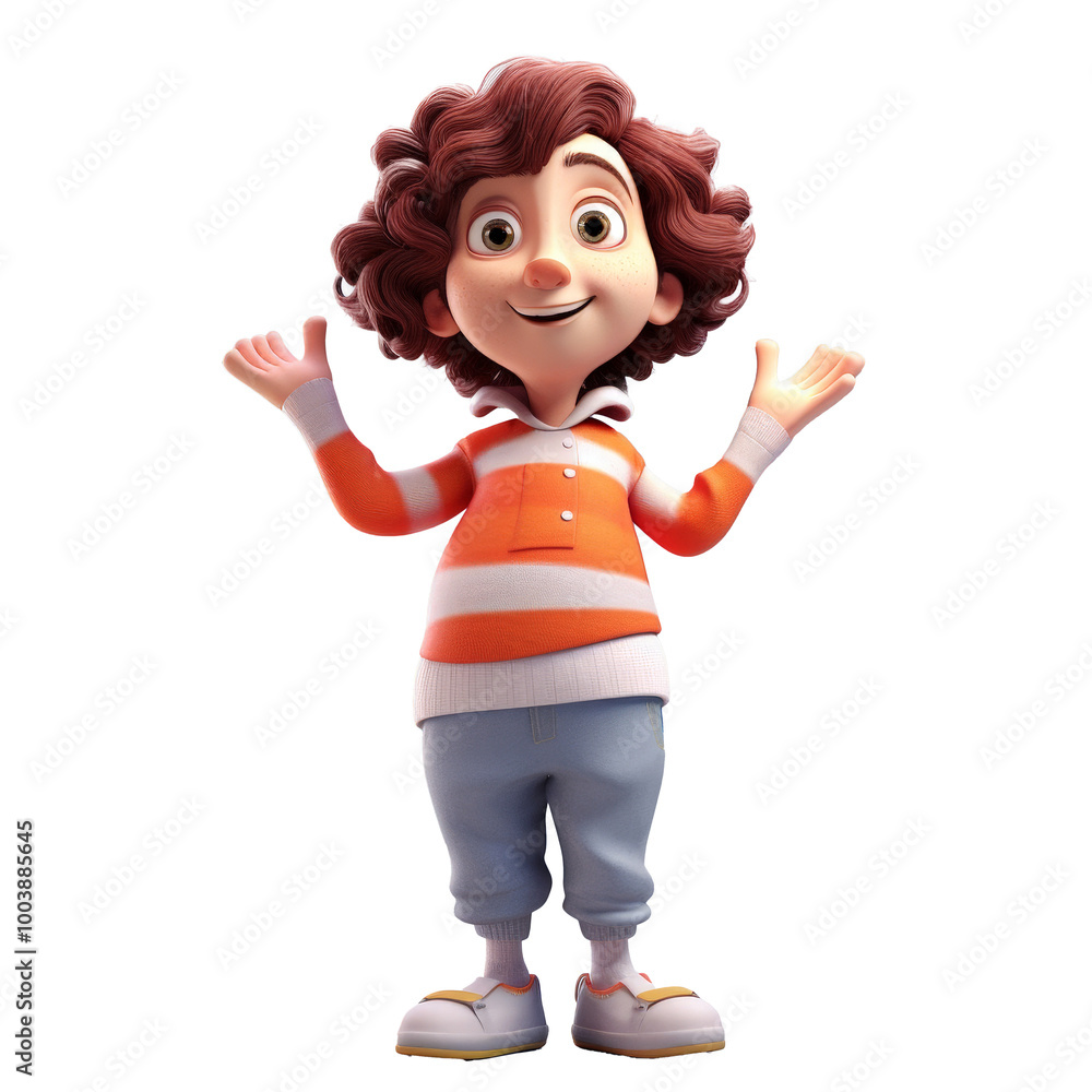 A lively 3D animation character of a young boy with curly hair and big, expressive eyes, smiling brightly with open arms, set against a clear background. A lively 3D animation character of a young boy with curly hair and big, expressive eyes, smiling brightly with open arms, set against a clear background.