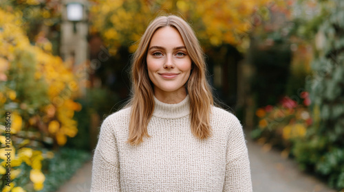 A young woman smiling warmly while walking through a vibrant fall garden in autumn