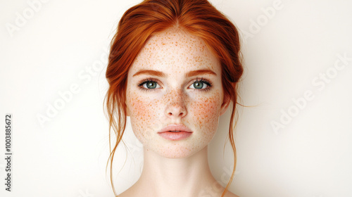 A young woman with striking red hair and freckles poses against a plain background photo