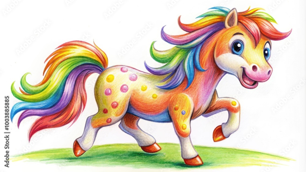This playful cartoon horse, adorned with bright hues, sports a cheerful grin, making it an ideal choice for sparking joy in children's artwork. This playful cartoon horse, adorned with bright hues, sports a cheerful grin, making it an ideal choice for sparking joy in children's artwork.