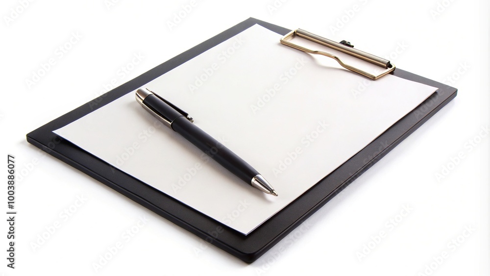Low angle view of black clipboard with blank paper and pen on white background Low angle view of black clipboard with blank paper and pen on white background