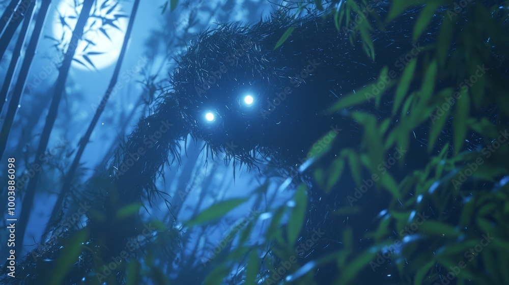 Obraz premium Enigmatic Encounter - Japanese Mythical Creature in Moonlit Bamboo Grove
