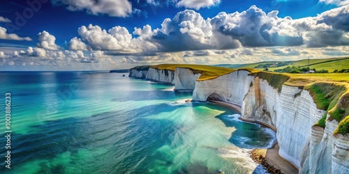 Towering white cliffs loom over a peaceful blue sea, illuminated by a radiant sun, forming a stunning coastal scene that inspires serenity and awe. photo