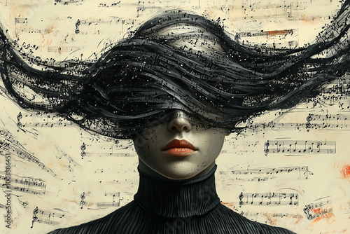 Abstract Fashion Collage: Woman with Swirling Music Notes in Minimalist Style. Non-existent person.