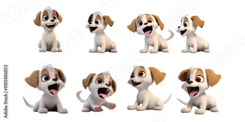 A playful 3D animation character showcasing a cute puppy with big eyes in various moments of activity, all set against a clear background.