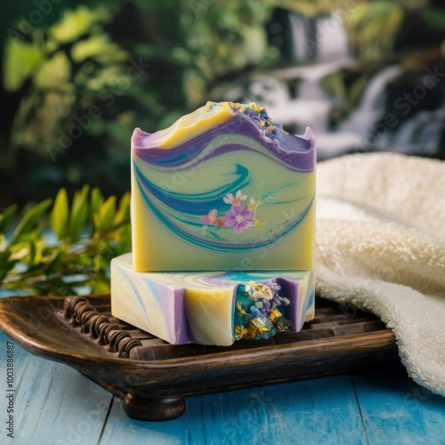 Handcrafted soap. Natural hydrating moisturiser softness cosmetic. Organic calming beauty skincare product. Herbal self care wellness alternative soap