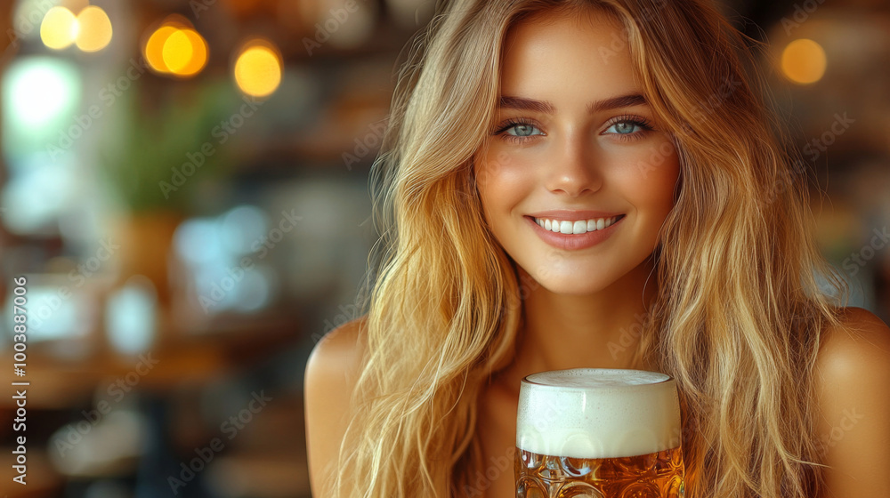 Smiling woman holding a beer in a cozy pub with warm lighting during evening hours