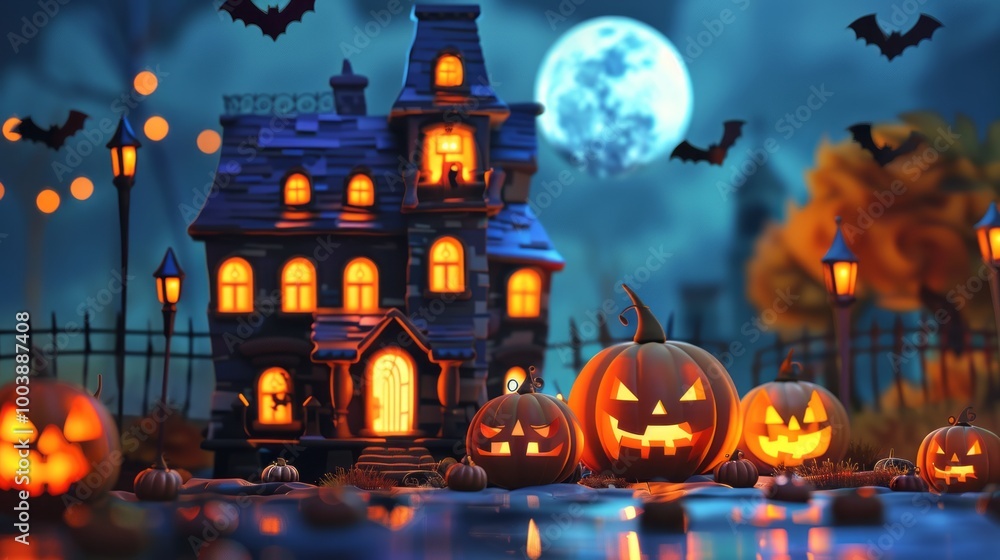 Spooky Halloween Background Featuring Vibrant 3D Rendered Pumpkins and a Mysterious Castle, Perfect for Seasonal Decor, Party Invitations, and Festive Celebrations Spooky Halloween Background Featuring Vibrant 3D Rendered Pumpkins and a Mysterious Castle, Perfect for Seasonal Decor, Party Invitations, and Festive Celebrations
