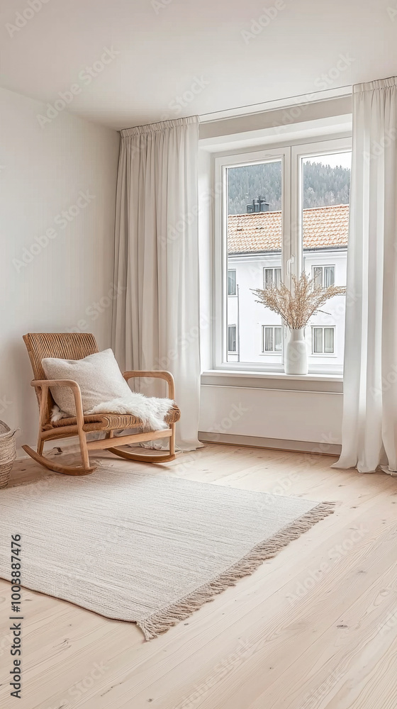 Fototapeta premium Cozy minimalist living room with a rocking chair, white curtains, and natural decor in a serene setting during daylight