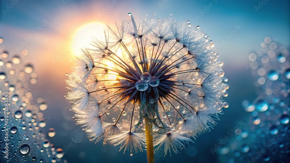 Low angle view of dandelion covered in dew with hazy background Low angle view of dandelion covered in dew with hazy background