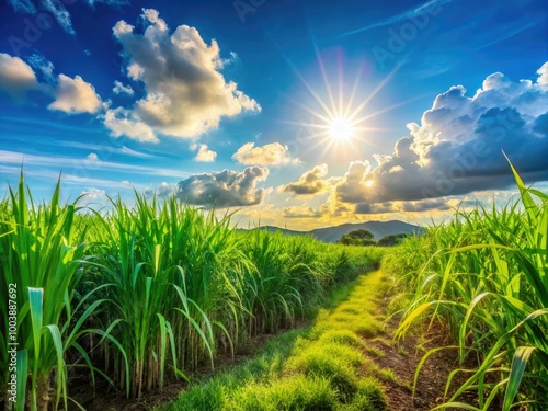 Vibrant green sugarcane fields stretch under a radiant sun, set against a bright blue sky, creating a beautiful natural landscape filled with life and color.