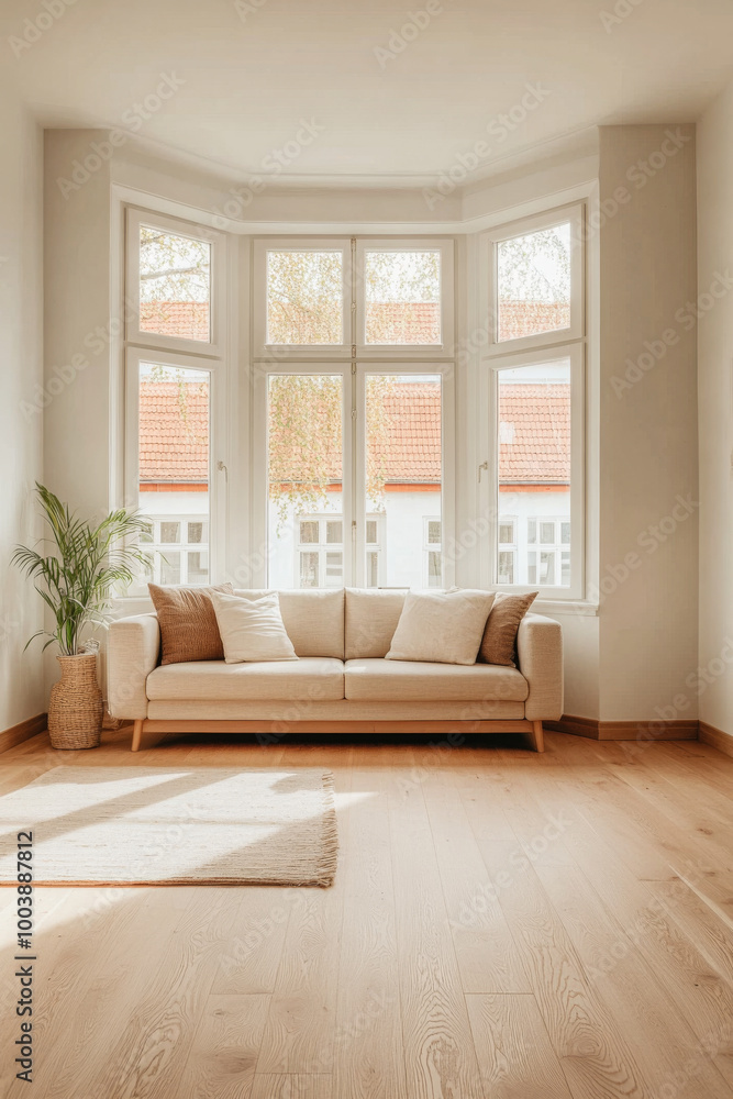 Obraz premium Cozy living room with large windows, neutral decor, and natural light in a modern home during daytime