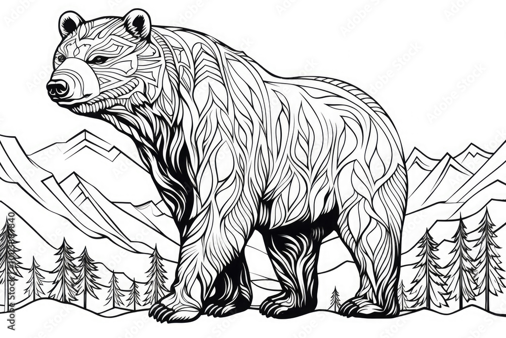 Obraz premium Black and white illustration of a brown bear standing on its hind legs in a forest at the foot of a mountain, ideal for coloring books or nature-themed designs