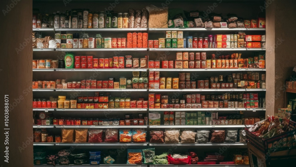 Grocery store aisle with bright produce neatly displayed. Clean, organized supermarket environment, perfect for retail or food shopping themes Grocery store aisle with bright produce neatly displayed. Clean, organized supermarket environment, perfect for retail or food shopping themes