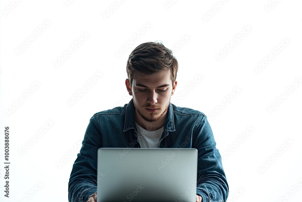 Man working on laptop, focused on screen. Perfect for illustrating work, business, or technology concepts. Man working on laptop, focused on screen. Perfect for illustrating work, business, or technology concepts.