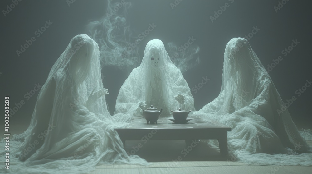 Ghostly Gathering in a Haunted Japanese Tea House - Spooky Dark Myth Scene with Ethereal Figures Enjoying Tea Ghostly Gathering in a Haunted Japanese Tea House - Spooky Dark Myth Scene with Ethereal Figures Enjoying Tea