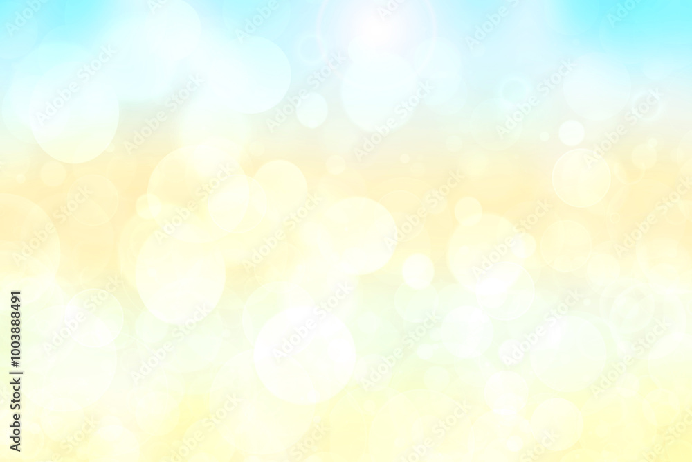 Abstract blurred fresh vivid spring summer light delicate pastel yellow blue white bokeh background texture with bright circular soft color lights. Beautiful backdrop illustration. Abstract blurred fresh vivid spring summer light delicate pastel yellow blue white bokeh background texture with bright circular soft color lights. Beautiful backdrop illustration.