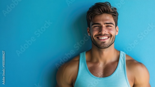 Smiling man wearing tank top. Perfect for fitness, health, and wellness content.