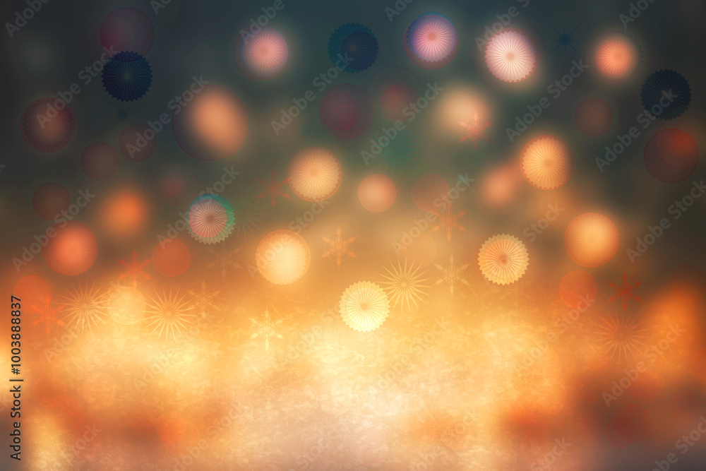 Φωτογραφία A festive abstract Happy New Year or Christmas texture background with colorful gold yellow pink blurred bokeh lights and stars