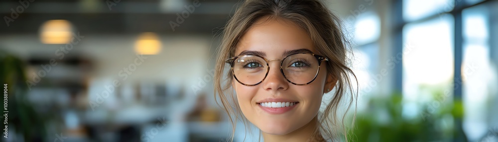 A smiling woman wearing glasses standing in a modern office, natural light from a window, soft focus background A smiling woman wearing glasses standing in a modern office, natural light from a window, soft focus background