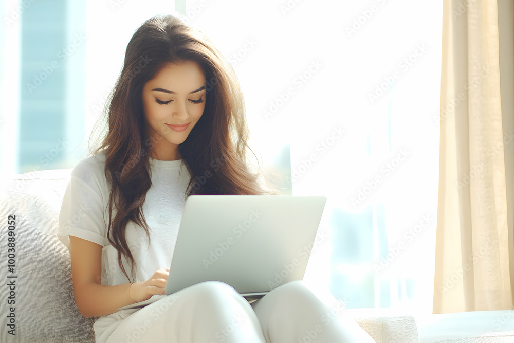 Young woman using laptop at home, working comfortably in a bright and peaceful space Young woman using laptop at home, working comfortably in a bright and peaceful space