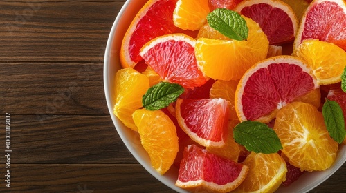 Fresh Citrus Fruit Salad with Mint in White Bowl